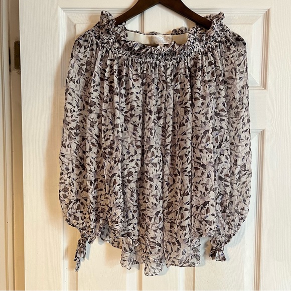 Caroline Constas Silk Smocked Elastic Cinched Ruffle Off Shoulder Top - Picture 2 of 7